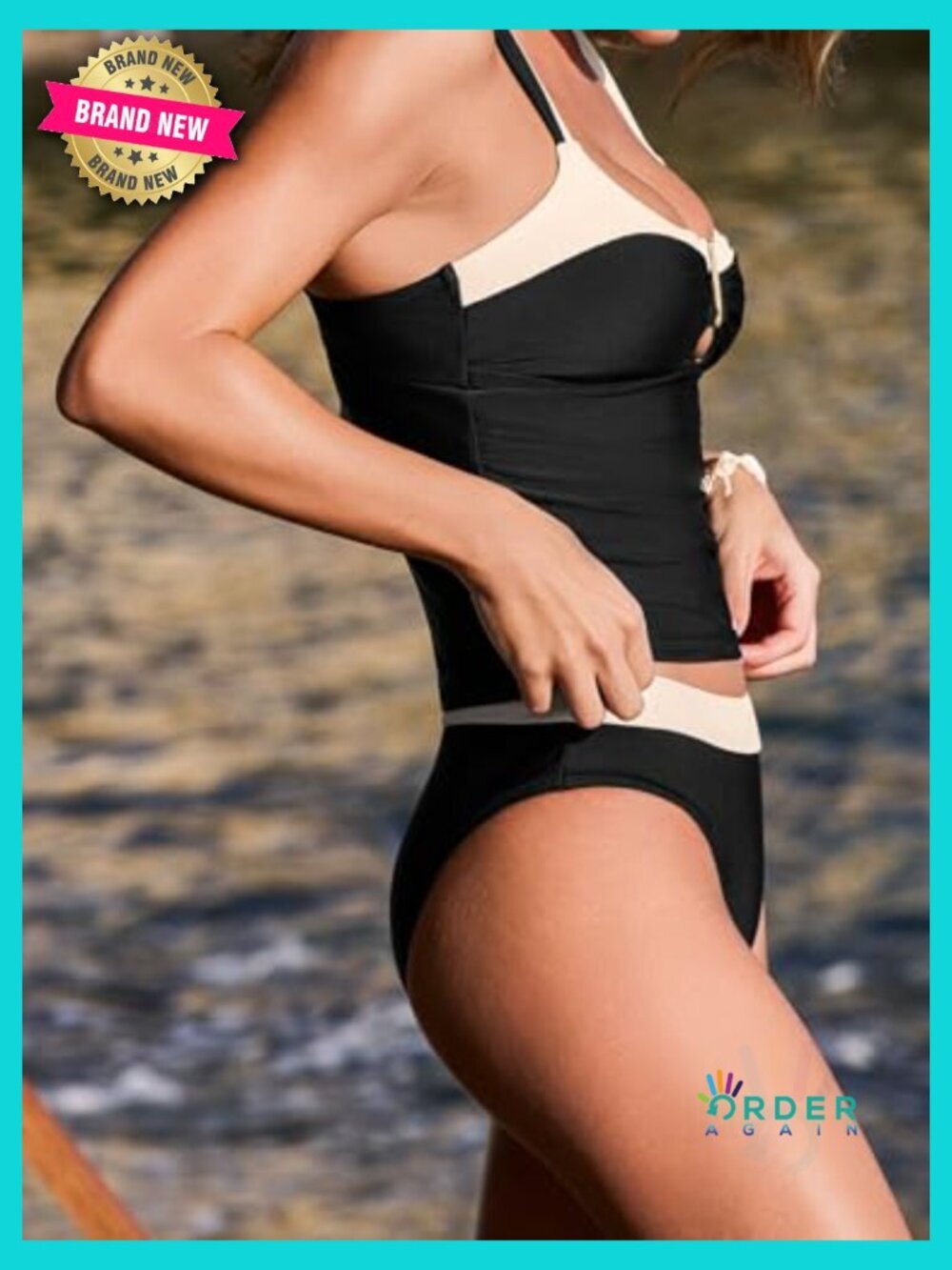 Cutout Tankini Set Scoop Neck U Wire Tummy Control Back Hook Adjustable Straps - Picture 3 of 6